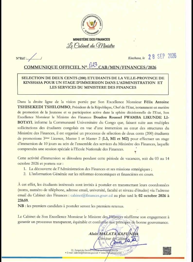 Communiqué du ministère des Finances