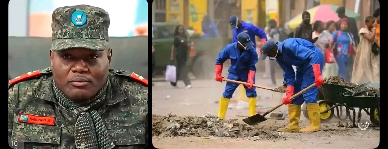 Montage montrant Jean-Pierre Kasongo Kabwik et des bâtisseurs du Service national au travail à Kinshasa